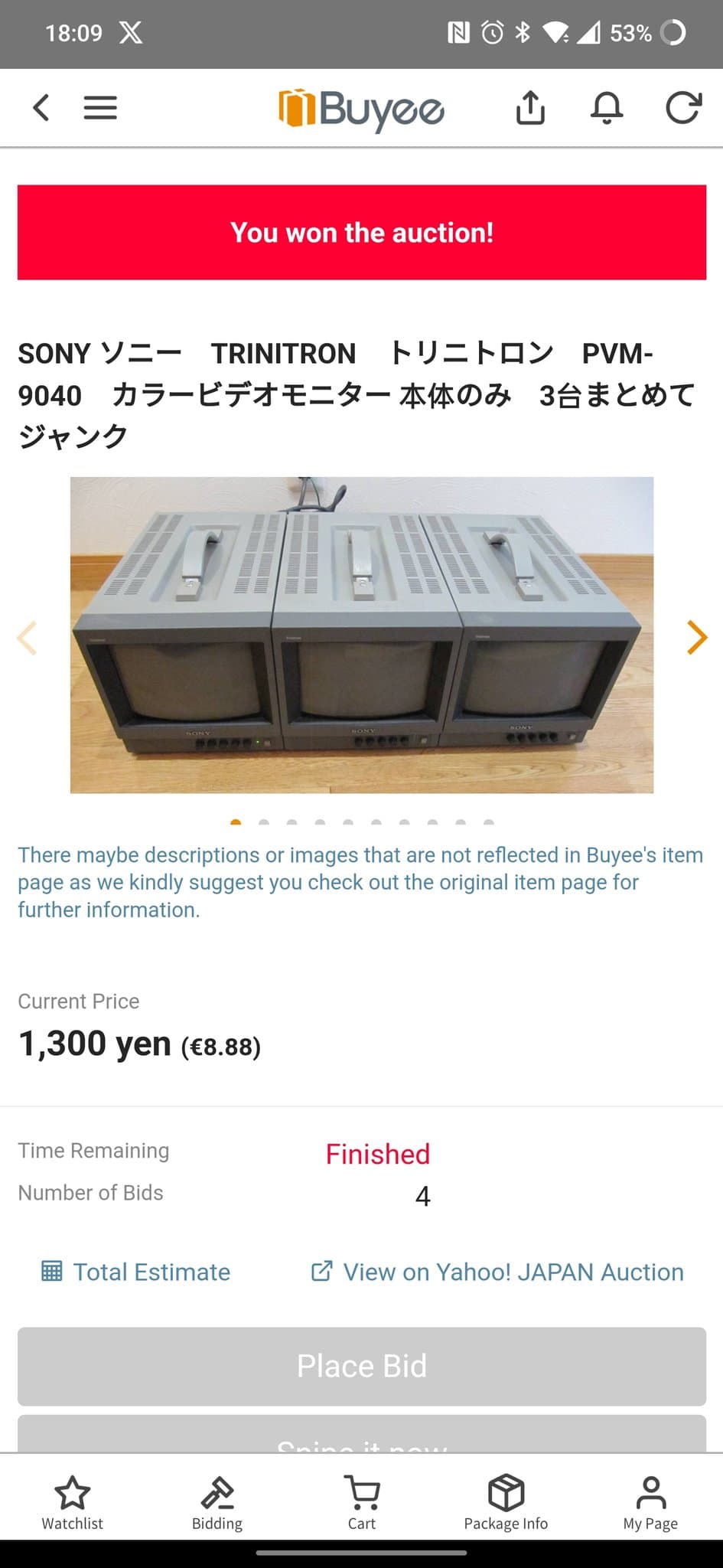 Three Sony PVM-9040 CRT monitors arranged side-by-side, showing their 9" screens and control panels, units appear intact externally.