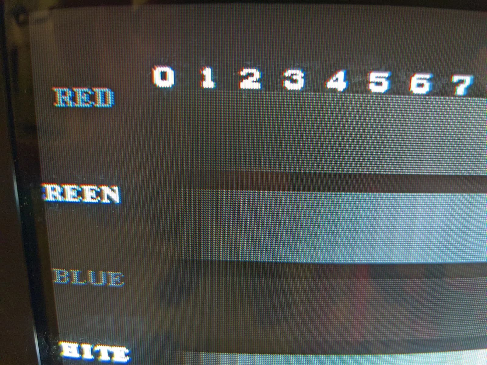 CRT color test pattern showing RED, GREEN, BLUE channels with numbered gradient bars 0-7 for color convergence alignment.