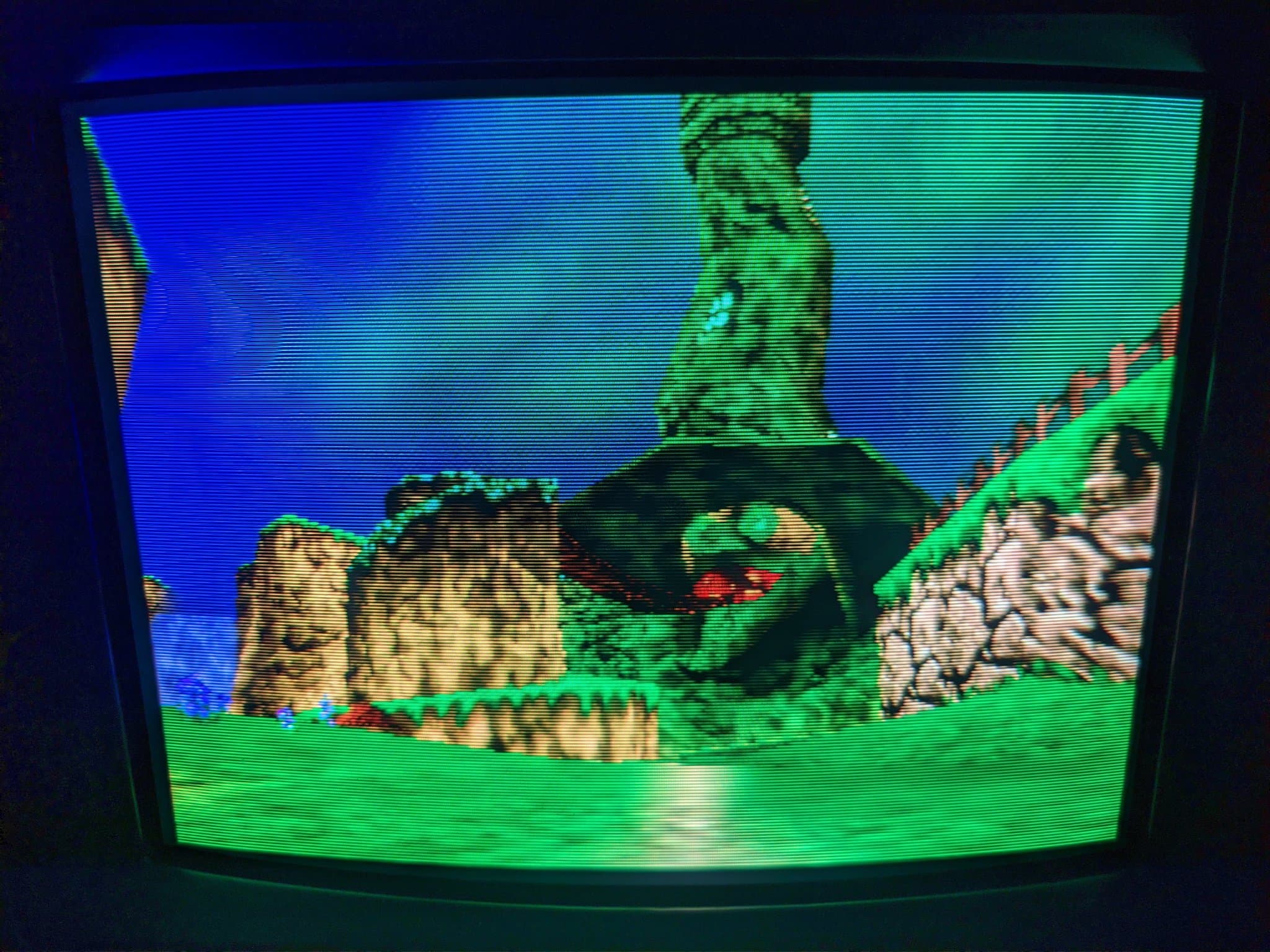 Sony PVM-14M4J displaying corrected color output after repair; retrace lines resolved, full RGB color restoration complete.