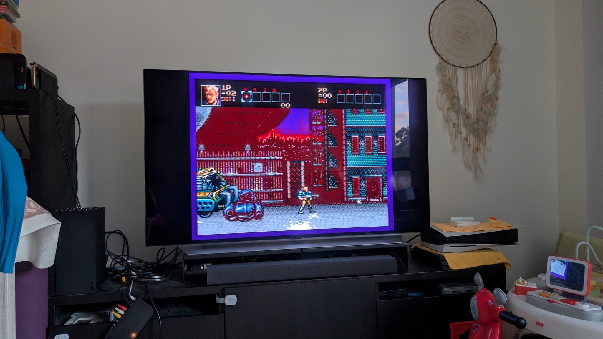 Sega Wondermega displaying Contra: Hard Corps on Mega Drive side, with Silpheed ready for Mega-CD testing on restored HWM-5010 unit.