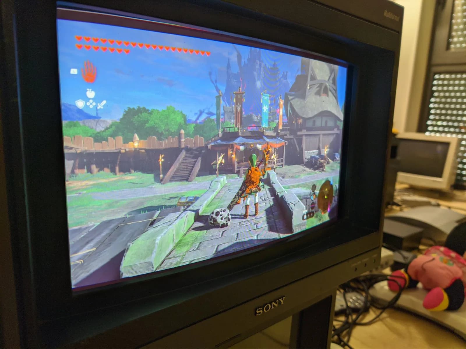 The Legend of Zelda: Tears of the Kingdom at Lookout Landing on a Sony BVM-D14H1E, shot at an angle.