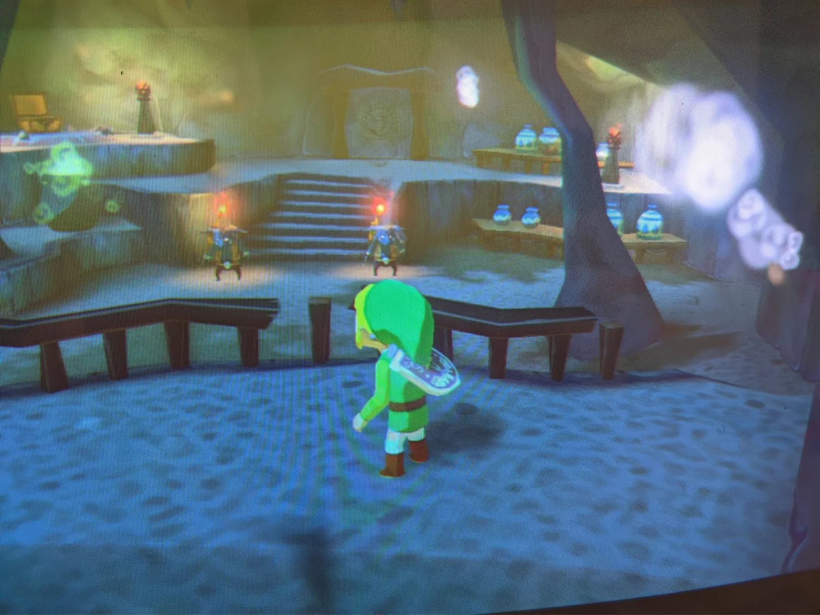 Close-up of The Legend of Zelda: The Wind Waker HD, Link on the sandy floor of a cave interior, on the Sony BVM-D14H1E, from a Wii U at 1080i.
