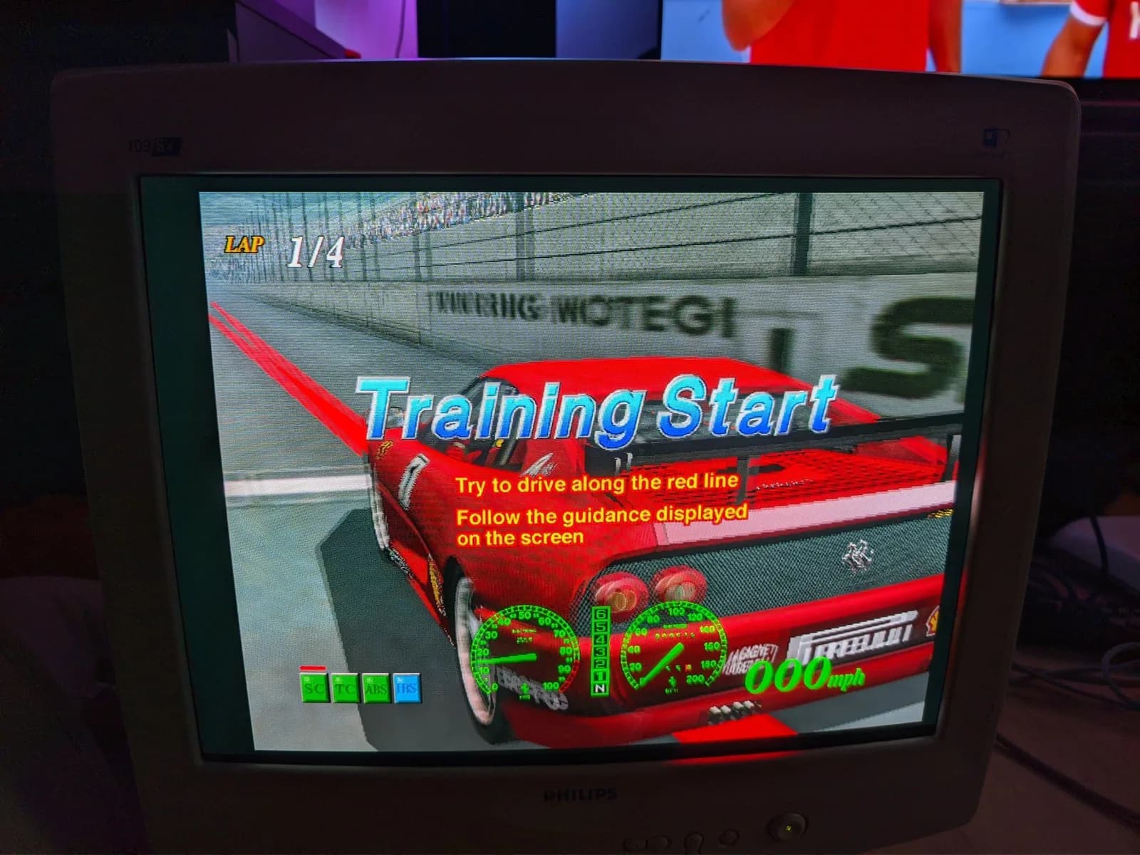 Philips 109S4 CRT running F355 Challenge on Dreamcast (the "Training Start" screen at Twin Ring Motegi), a red Ferrari on the grid.