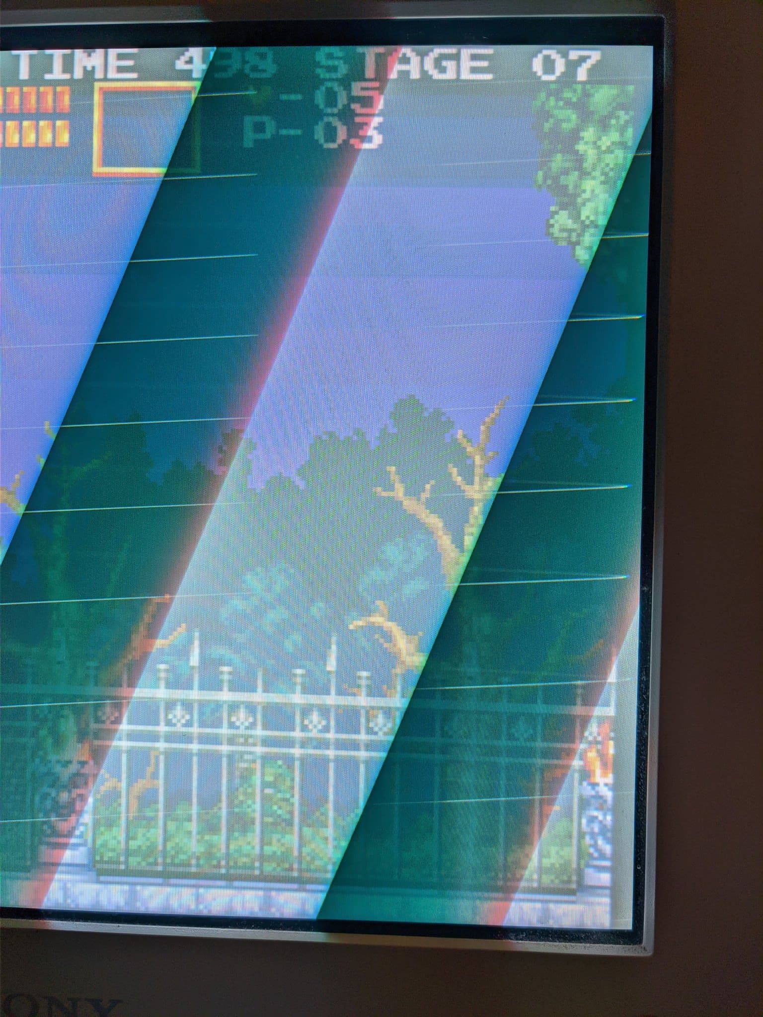 Sony CPD-G420 display at Stage 07 showing geometry distortion with skewed parallelogram effect and warped image rendering before G2 calibration fix.