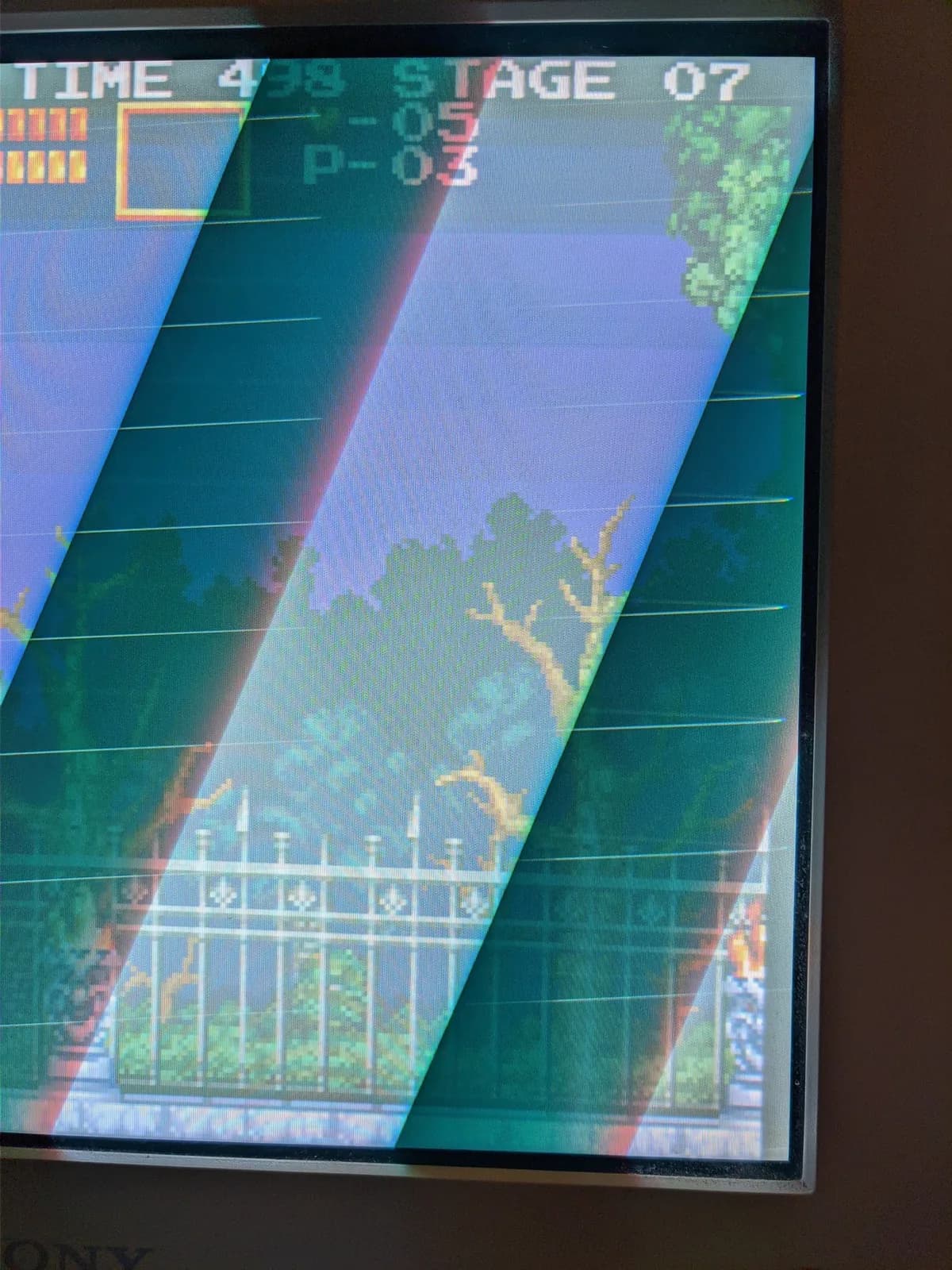 Sony CPD-G420 running Castlevania Chronicles at Stage 07 with severe geometry distortion, the image sheared into a skewed parallelogram, before the G2 calibration fix.