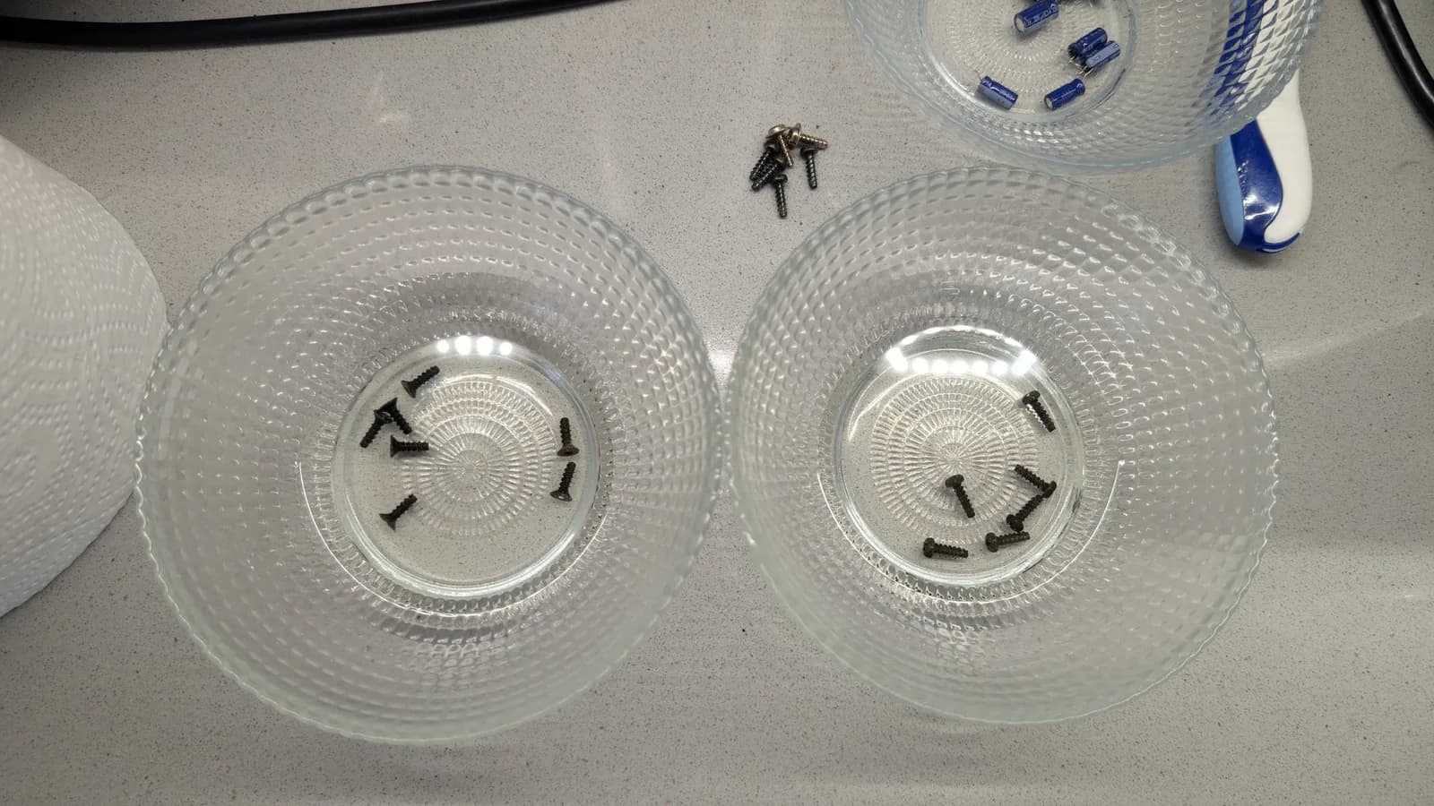Two clear petri dishes containing Dreamcast metal parts soaking in Evaporust solution, with screws visible in circular rust removal treatment.