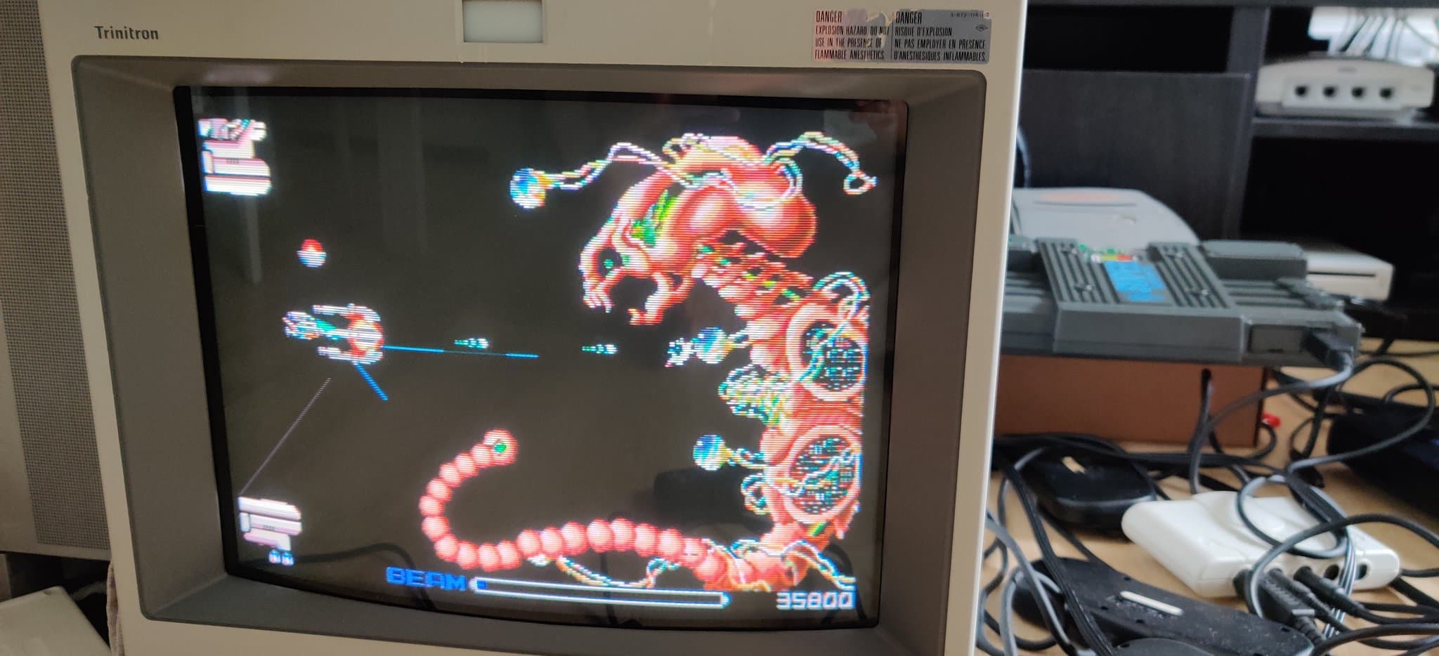 R-Type running on the refurbished PC Engine SuperGrafx, displayed on a Trinitron CRT, testing the repaired console.