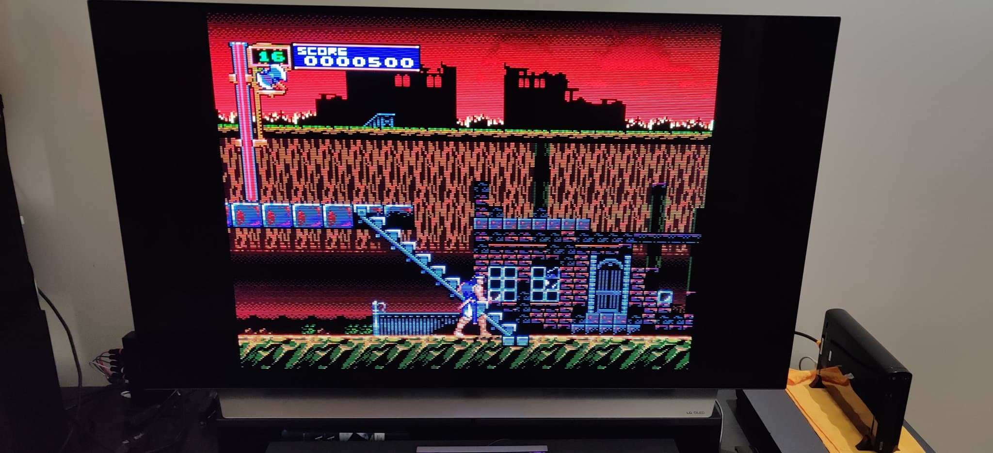 Castlevania: Rondo of Blood running on the NEC PC Engine Super CD-ROM2 with the RGB mod, showing the game's first stage on an LG C1 OLED TV. The scanlines are being added by a RetroTINK upscaler, not the display.