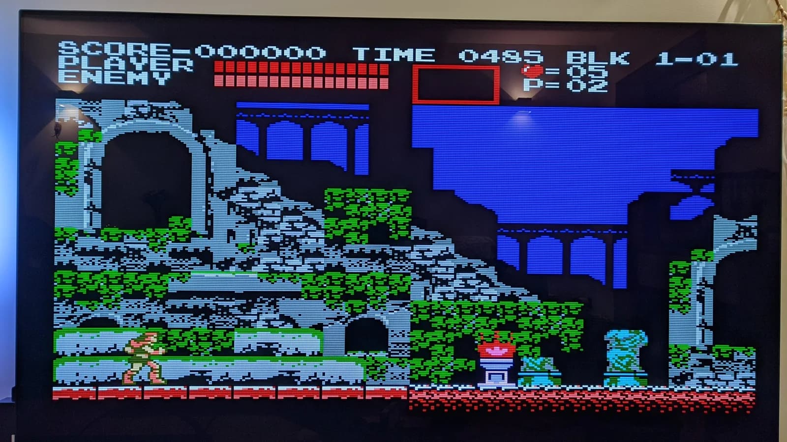 Castlevania III: Dracula's Curse (Akumajou Densetsu) gameplay on the NESRGB-modded Sharp Twin Famicom, displaying crisp RGB output with scanlines emulated by a RetroTINK 5X Pro.