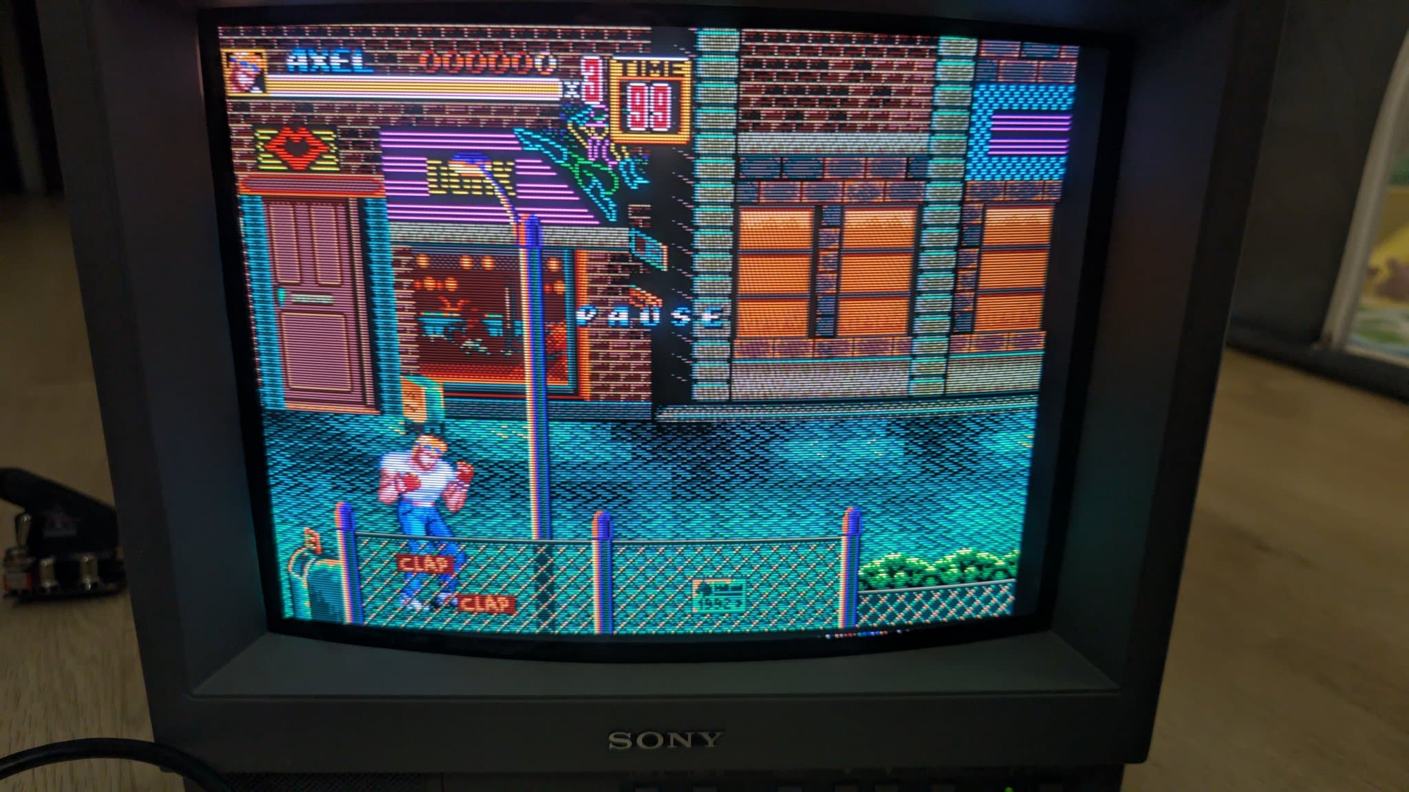 Streets of Rage running in RGB on Sony PVM-14L1 CRT monitor after successful RGB mod installation and service menu configuration.