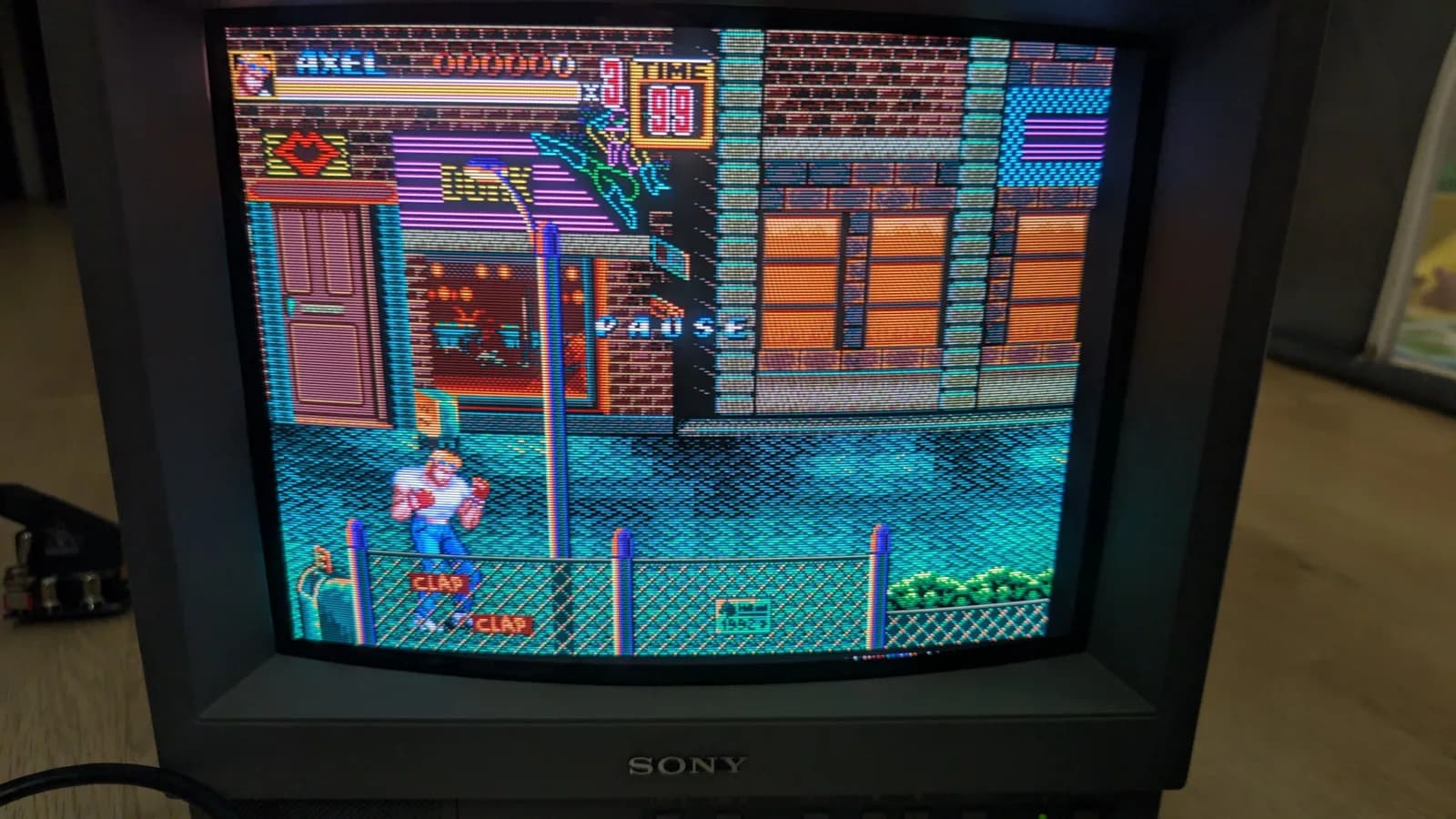 Streets of Rage running in RGB on Sony PVM-14L1 CRT monitor after successful RGB mod installation and service menu configuration.