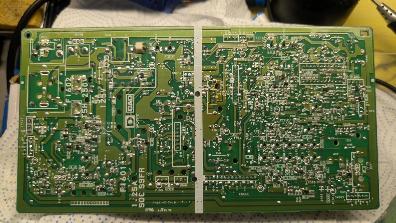 Sony PVM-9041Q deflection (D) board fully reflowed, the solder side now all shiny joints.