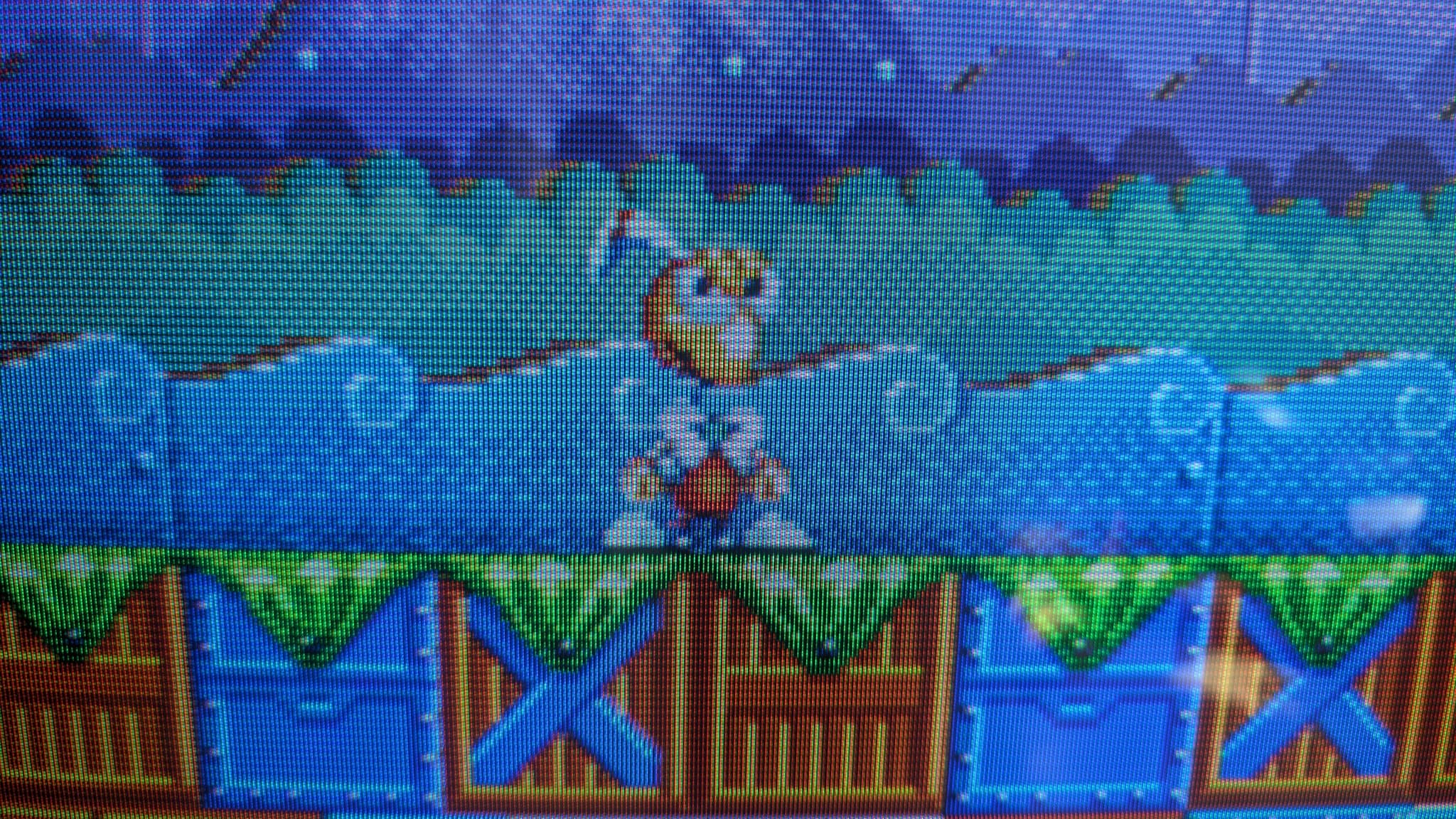 Beovision 1 CRT display showing perfect picture quality after smoke incident repair; yellow neck board plug visible, VSM disabled.