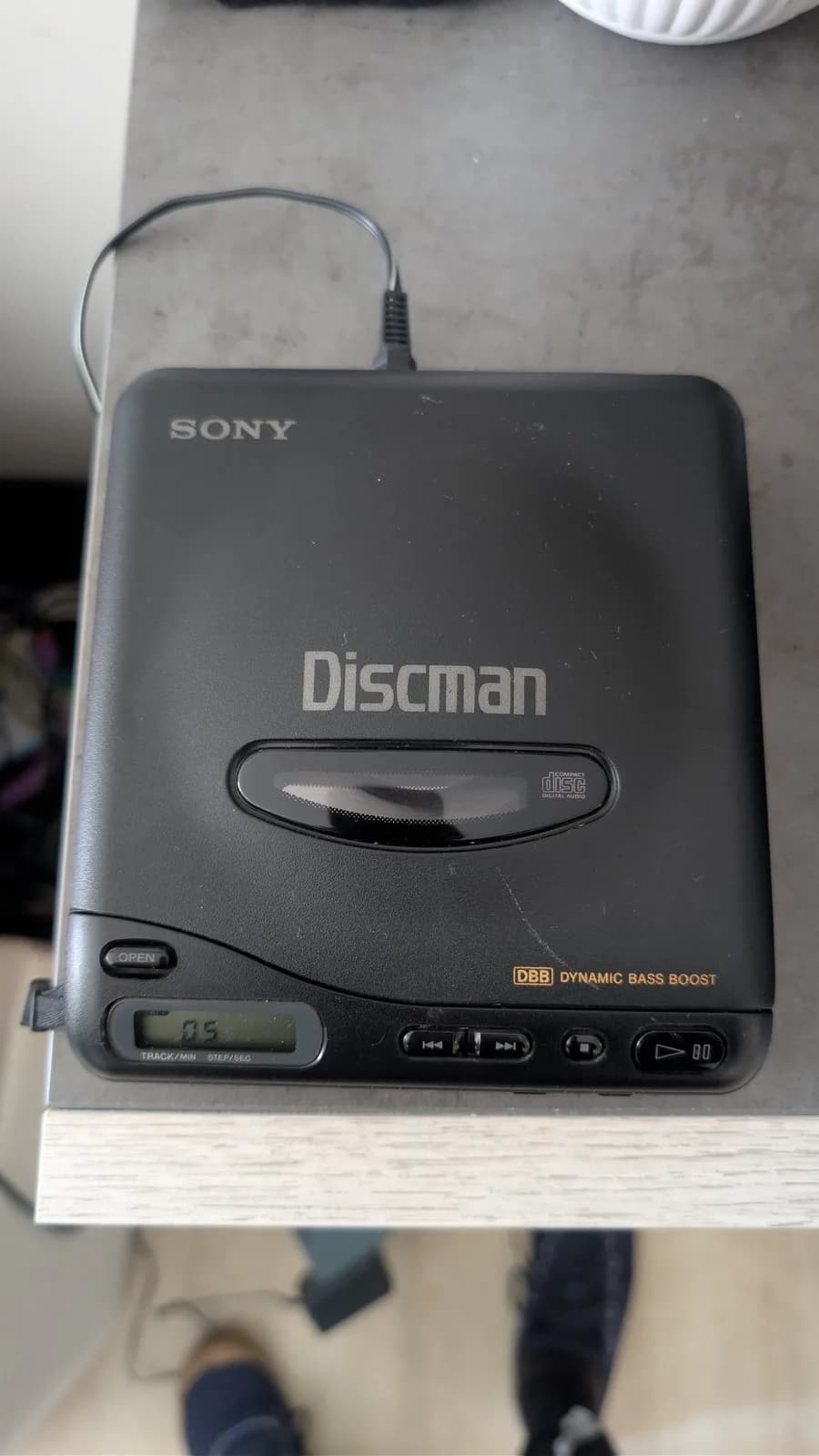 Sony Discman shown working, the unit that would be sacrificed to harvest its laser pickup for the PC Engine CD-ROM2 repair.