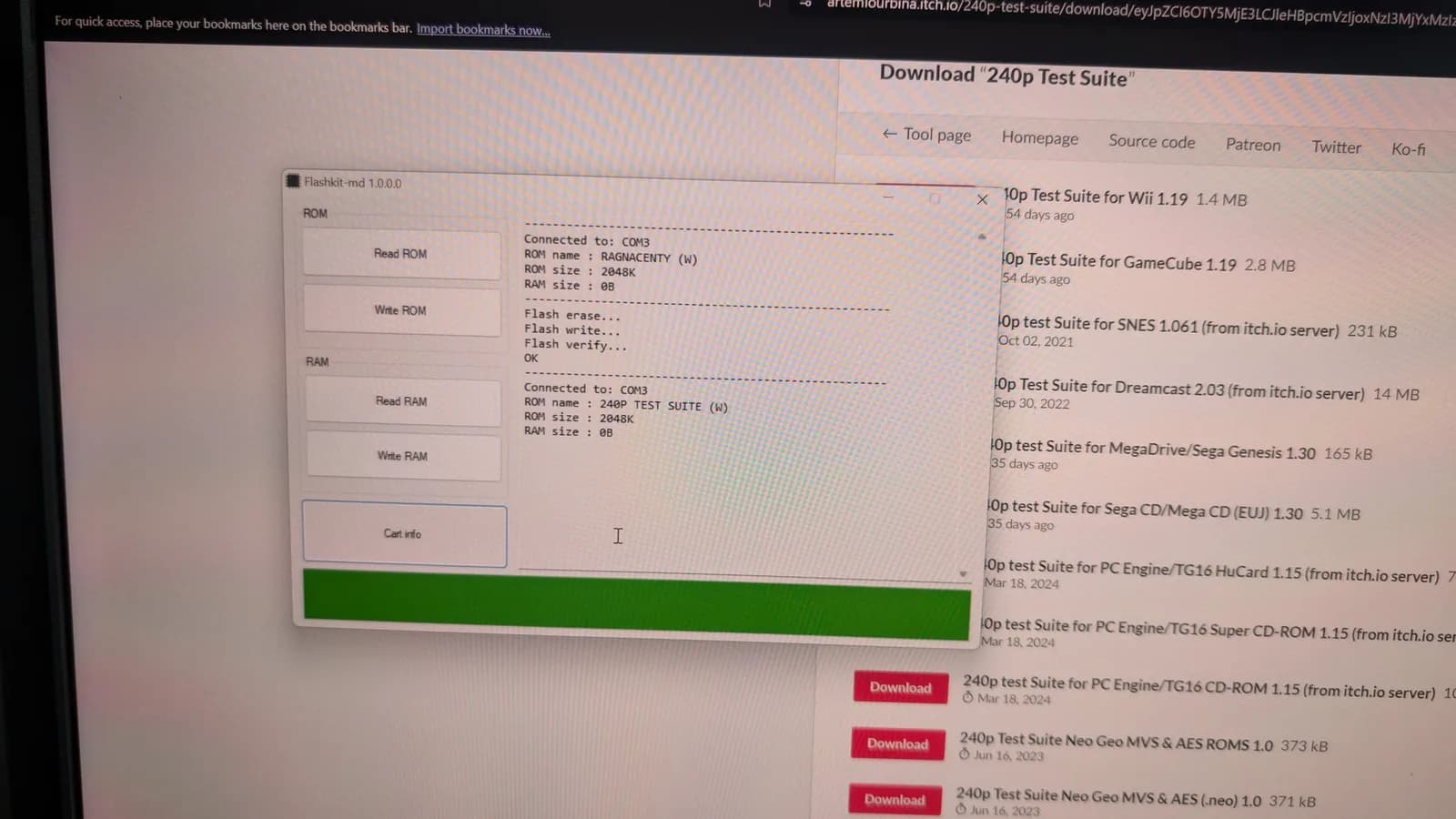 Flash kit programmer displaying 240p Test Suite download page with ROM options for various Sega consoles listed on right panel.