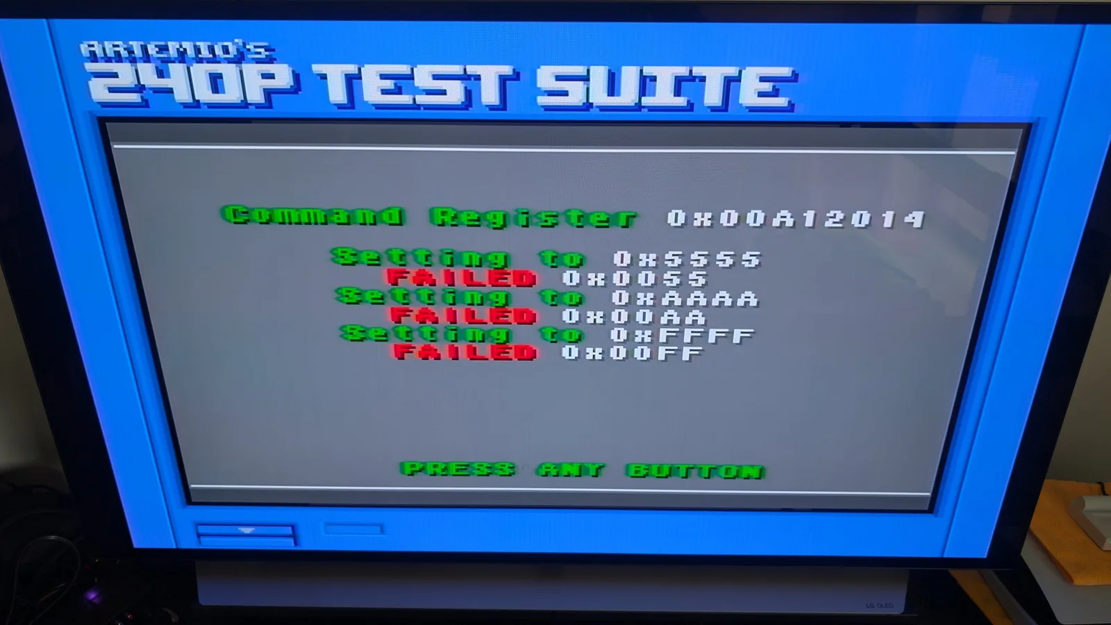 Artemio's 2400P test suite showing failed command and flag registers on Sega Wondermega motherboard diagnostics.