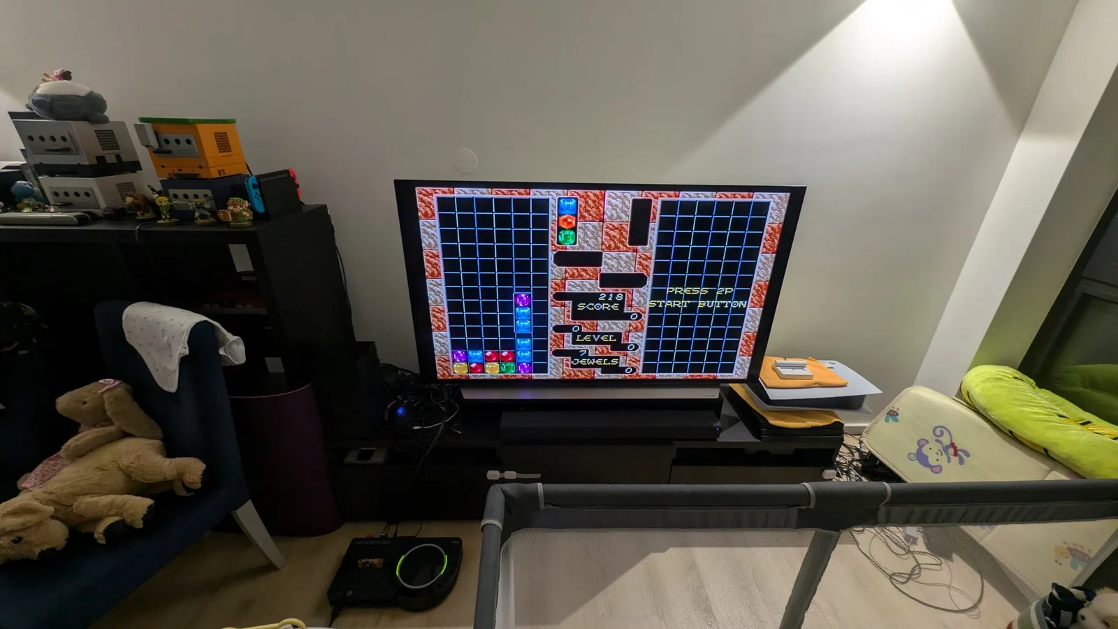 Tetris gameplay displayed on monitor showing functional Mega Drive side of repaired Sega Wondermega HWM-5010 after cartridge connector Deoxit treatment.
