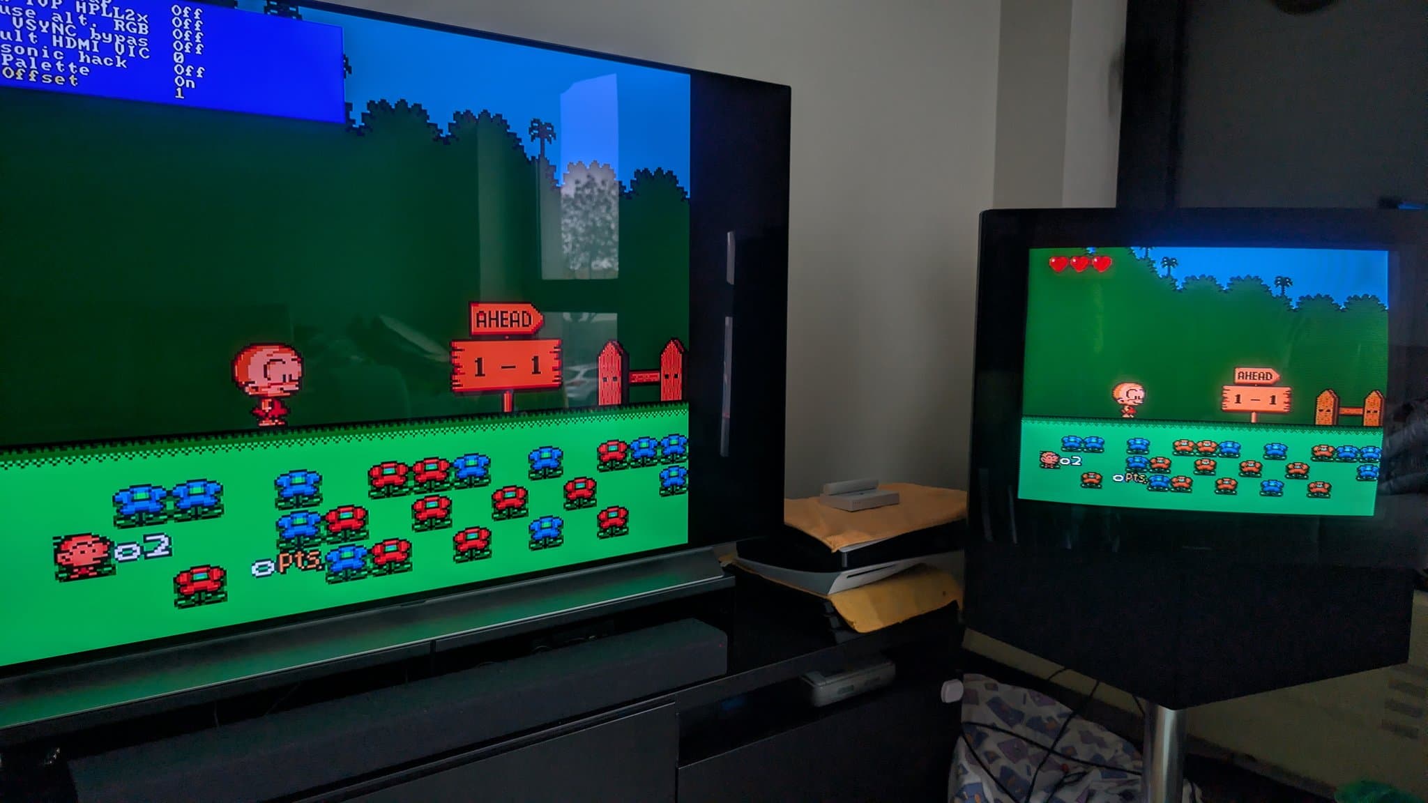 Two displays showing PC Engine game with experimental composite palette emulation on modded OSSC; left monitor displays full scene, right shows zoomed detail.