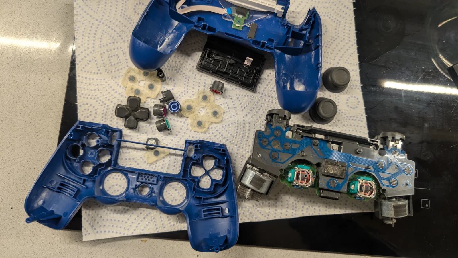 The blue PS4 controller fully disassembled on paper towel: blue shell halves, the mainboard with its two analog stick modules and rumble motor, the D-pad, loose face buttons, rubber membranes and thumbstick caps, laid out for ultrasonic cleaning.