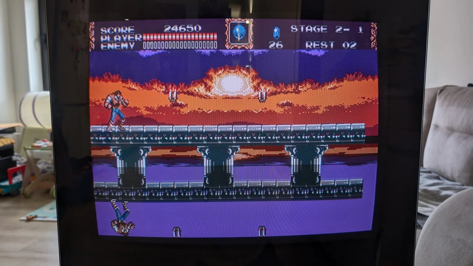 Bang & Olufsen Beovision 1 displaying Castlevania game; X2 safety cap failure repair aftermath showing perfect picture output.
