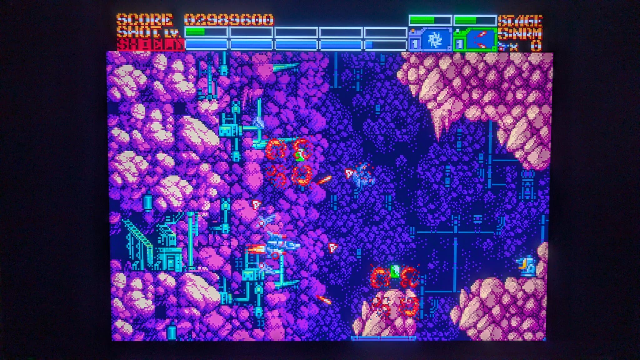 OSSC firmware test displaying Earthworm Jim on Mega Drive in 1440p with PC Engine composite colour palette emulation via RGB output.