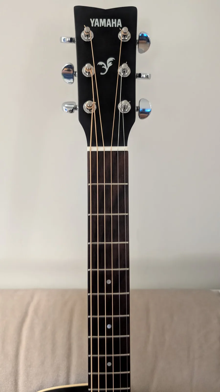 Yamaha FX370C headstock with six chrome tuning pegs and new strings installed, fretboard cleaned and conditioned.