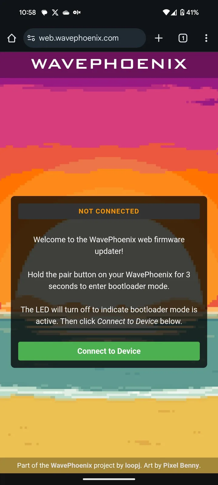 WavePhoenix web firmware updater on a phone showing 'NOT CONNECTED', with instructions to hold the pairing button for 3 seconds to enter bootloader mode, then tap 'Connect to Device'.