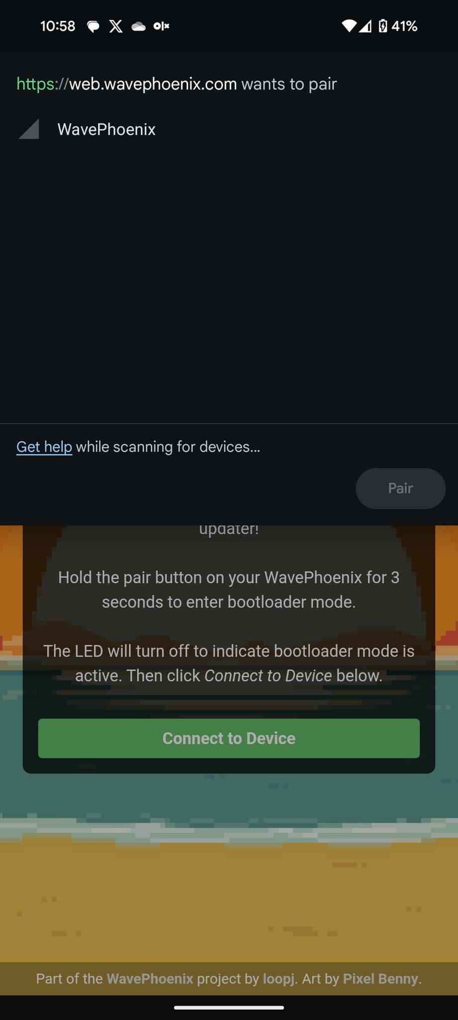 WavePhoenix pairing screen showing bootloader mode instructions and "Connect to Device" button for WaveBird receiver pairing setup.