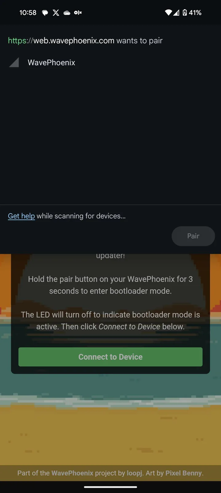 Android Bluetooth pairing dialog from web.wavephoenix.com listing the 'WavePhoenix' device with a Pair button, over the dimmed WavePhoenix firmware updater page.
