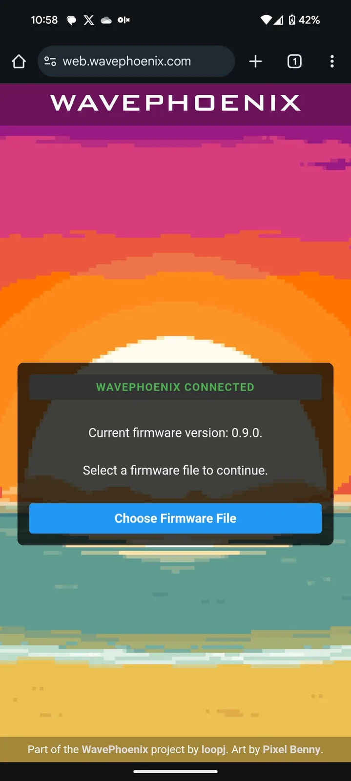 WavePhoenix updater showing 'WAVEPHOENIX CONNECTED', current firmware version 0.9.0, and a blue 'Choose Firmware File' button.