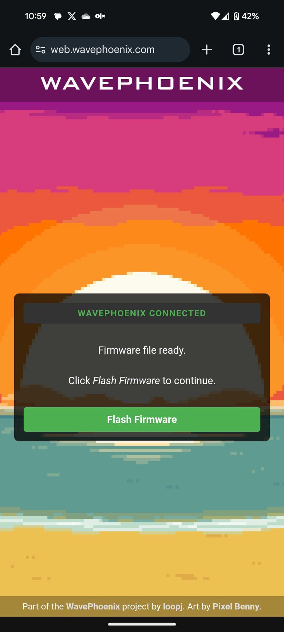 WavePhoenix web interface showing "Firmware file ready" dialog with green "Flash Firmware" button to proceed with flashing custom firmware to WaveBird receiver.