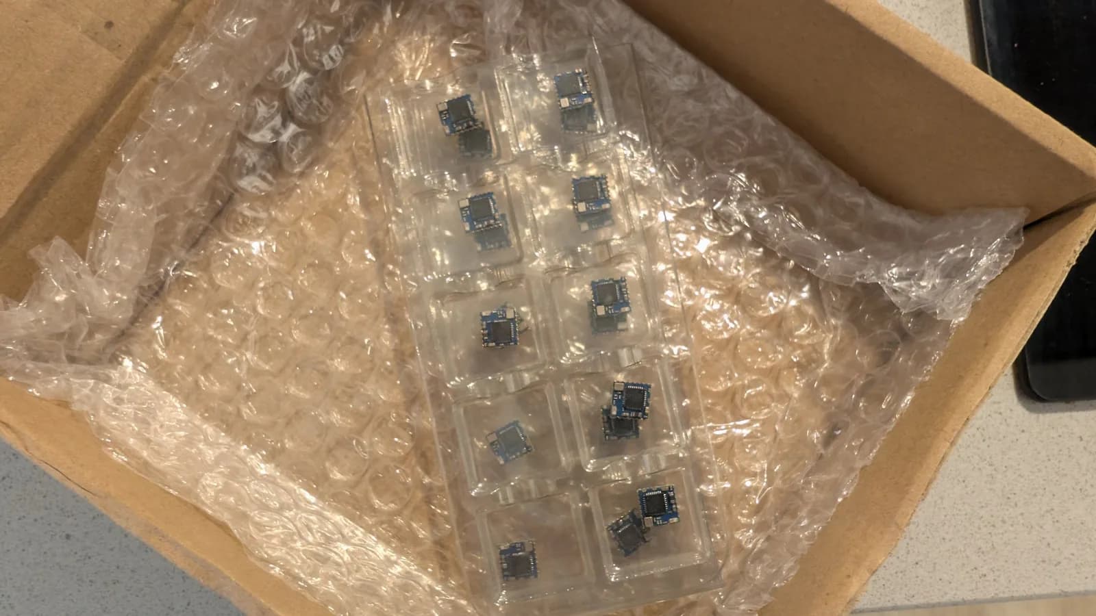 A clear blister tray of small blue EFR32 radio modules, packed in bubble wrap inside a cardboard shipping box, a fresh batch of radios for more WavePhoenix builds.