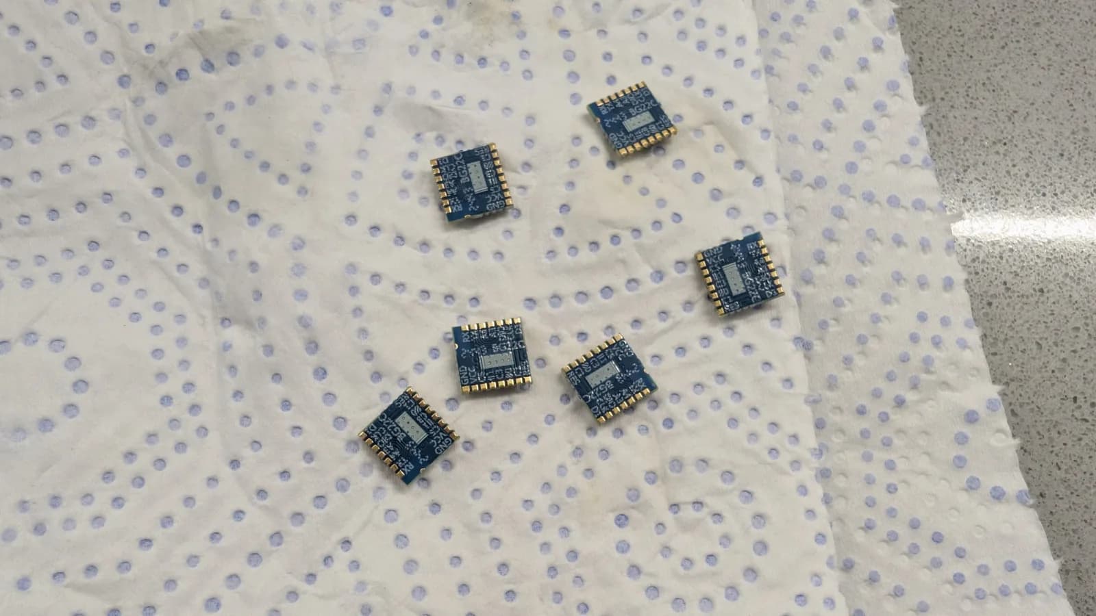Six small blue EFR32 (BG22) radio modules showing their bare gold castellated edges, laid out on a blue-dotted paper towel for the WavePhoenix build.