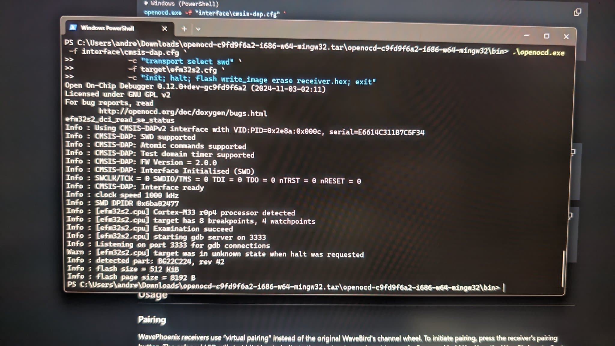 OpenOCD debugger output showing successful connection to STM32L2 processor with GDB server listening on port 3333 during WavePhoenix firmware flash.