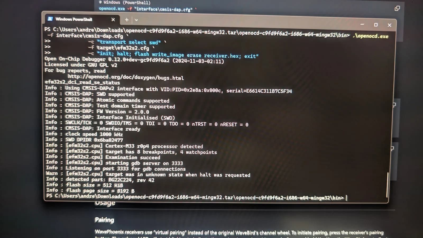 Windows PowerShell running OpenOCD to flash firmware onto the WavePhoenix radios now soldered to the boards, via the Raspberry Pi Pico (CMSIS-DAP) debug probe; the log reports a Cortex-M33 target, detected part BG22C224, and a GDB server listening on port 3333.