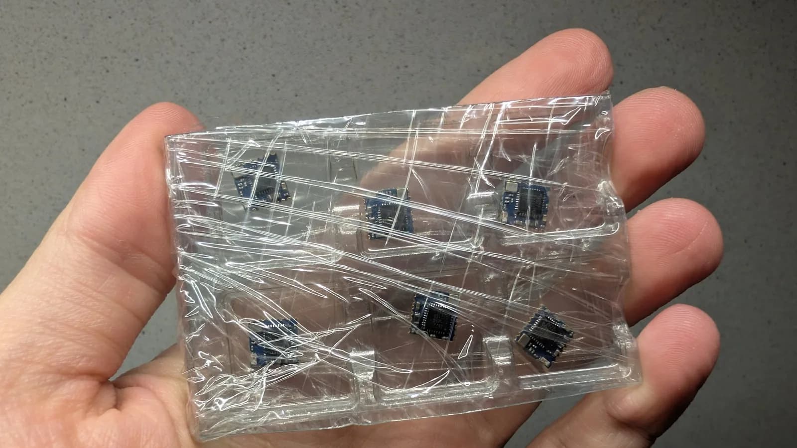 Hand holding a clear plastic blister pack wrapped in cling film, containing several small blue EFR32 radio modules for the WavePhoenix build.