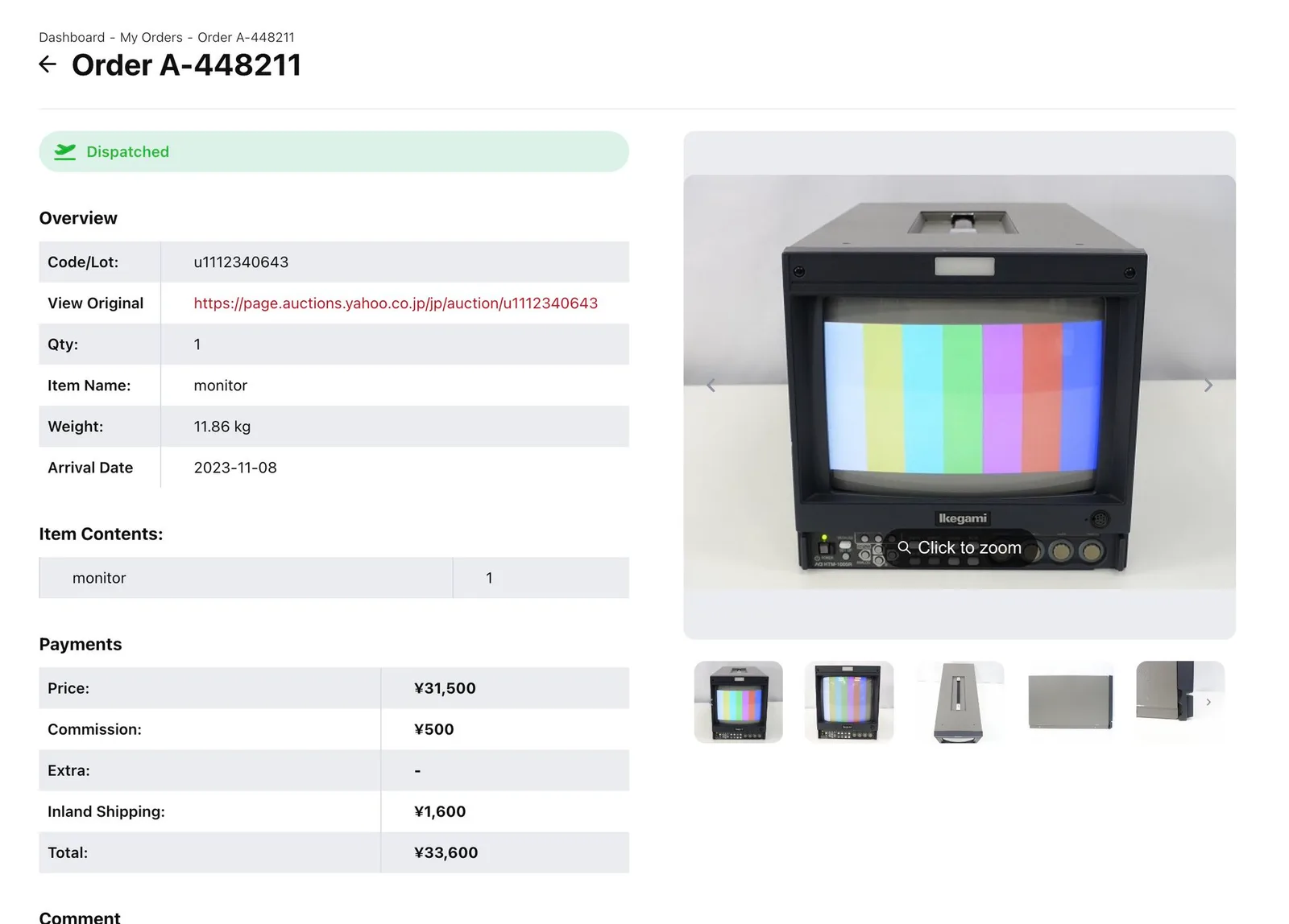 Victor TM-A101 CRT monitor displaying color test pattern; structural bezel damage visible from transit damage before repair.