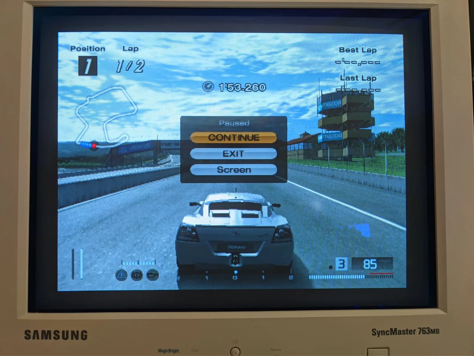 Gran Turismo 4 paused (CONTINUE / EXIT / Screen menu) on the Samsung SyncMaster 763MB CRT via the Jeff Chen dongle, the HUD showing position 1, lap 1 of 2.