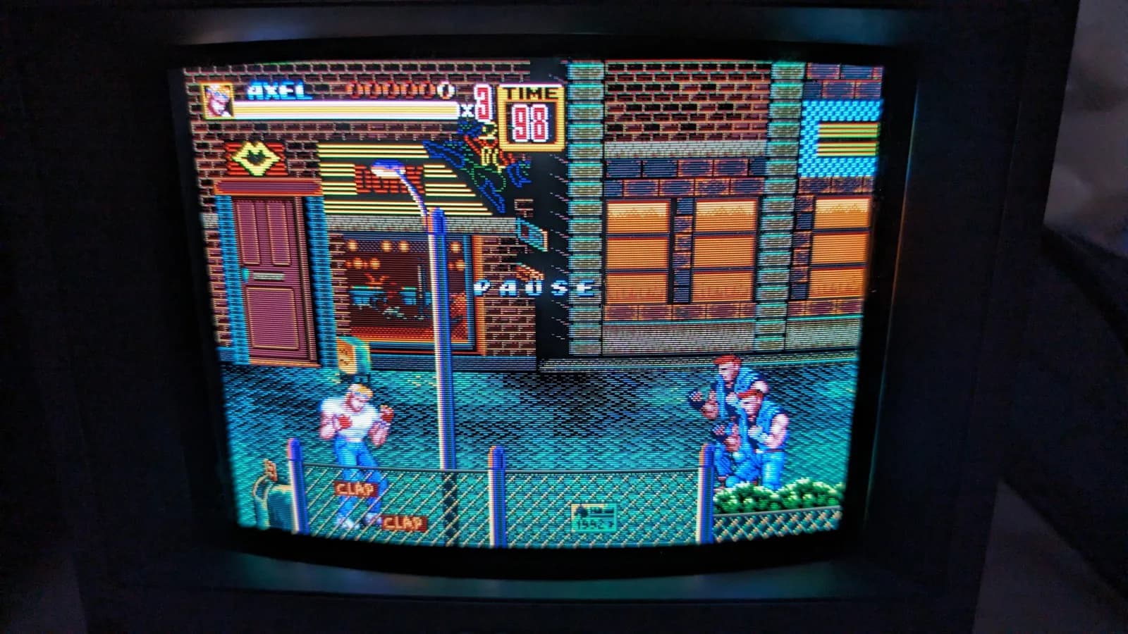 Paused Streets of Rage 2 gameplay (Axel on the first street stage) on the Sony PVM-9045QD on arrival day, before any restoration.