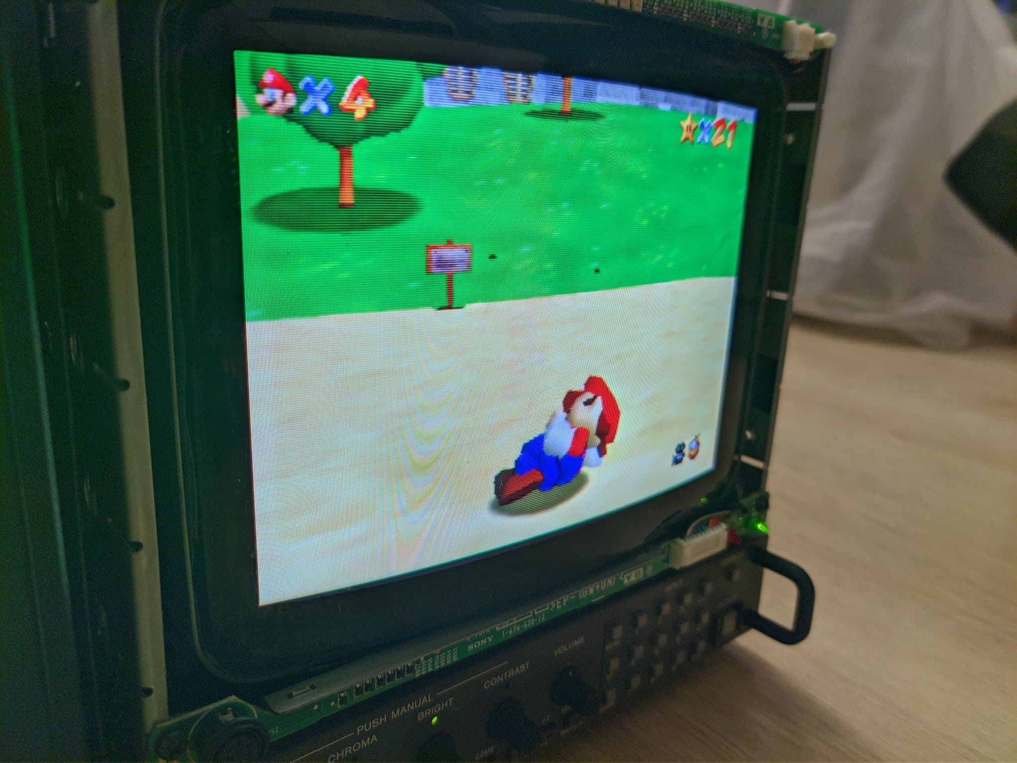 Super Mario 64 on the Sony BVM-D9H5J broadcast CRT (aperture-grille Trinitron) after restoration, with vibrant colours and sharp geometry.