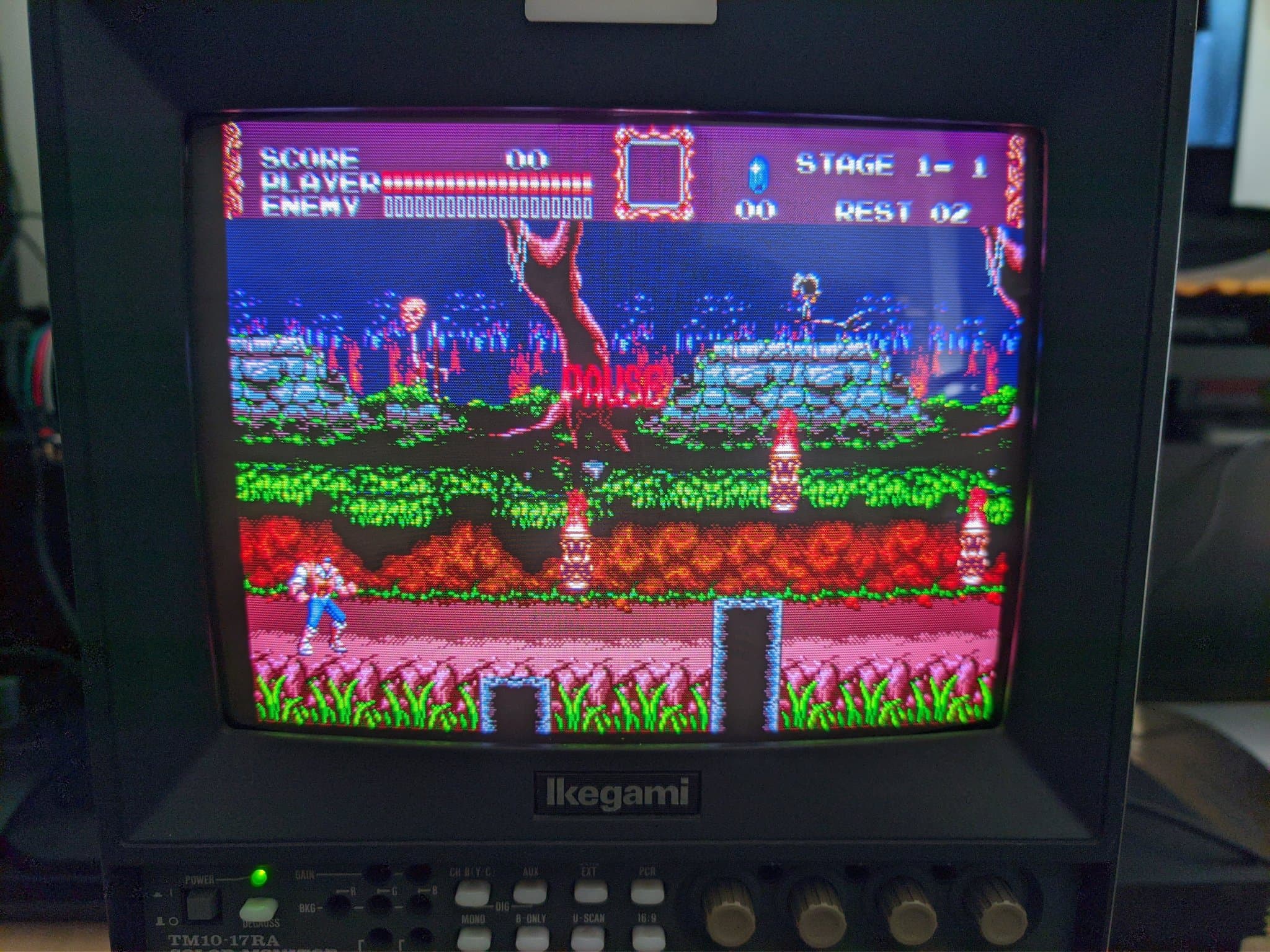 Ikegami TM10-17RA CRT showing Vampire Killer (Castlevania: Bloodlines), a blue-clad character on a stone ledge in a flame-lit forest at Stage 1-1, during testing.