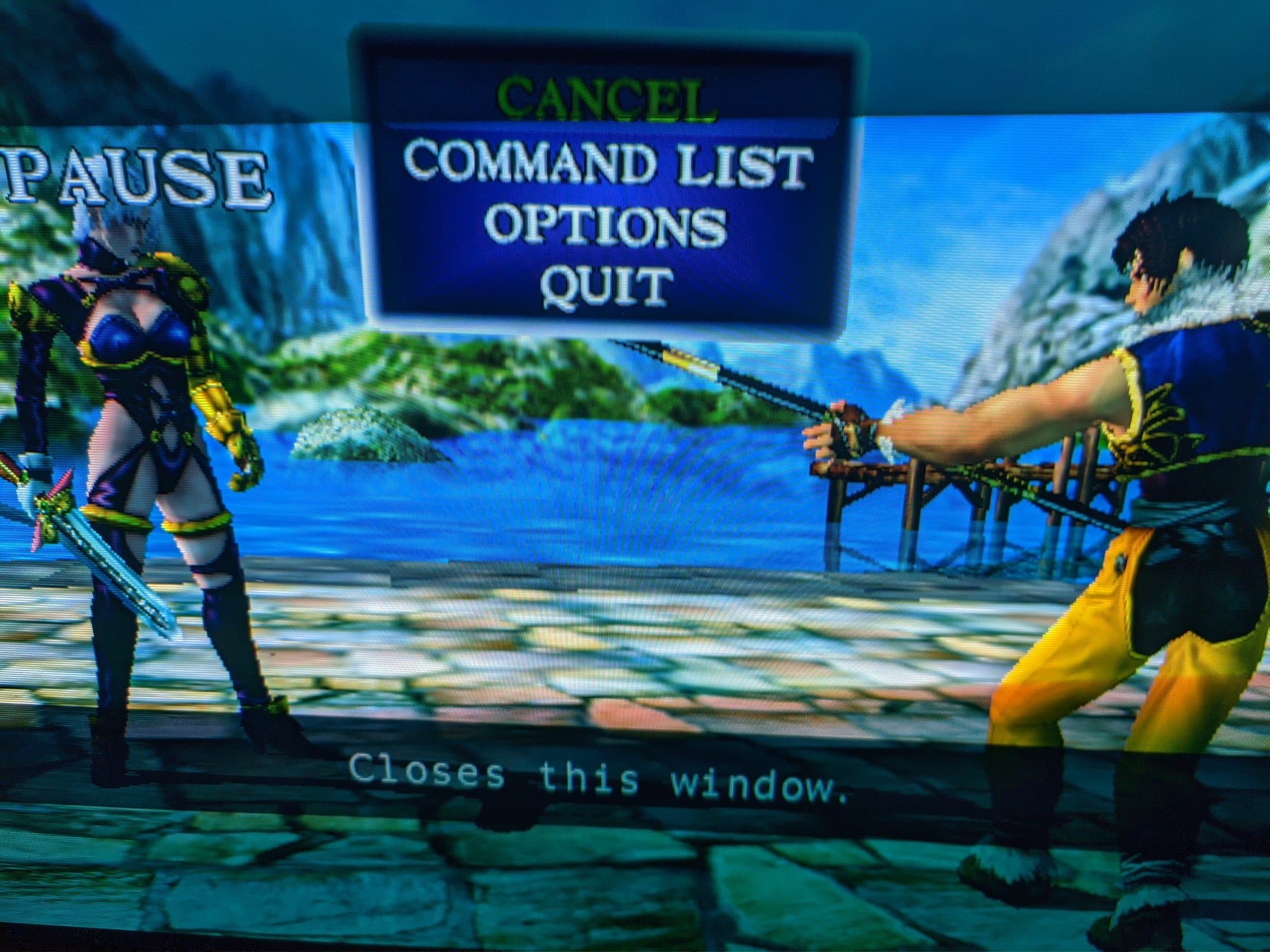 Soul Calibur pause menu (Cancel, Command List, Options, Quit) on the Sony CPD-E430 during gameplay testing.