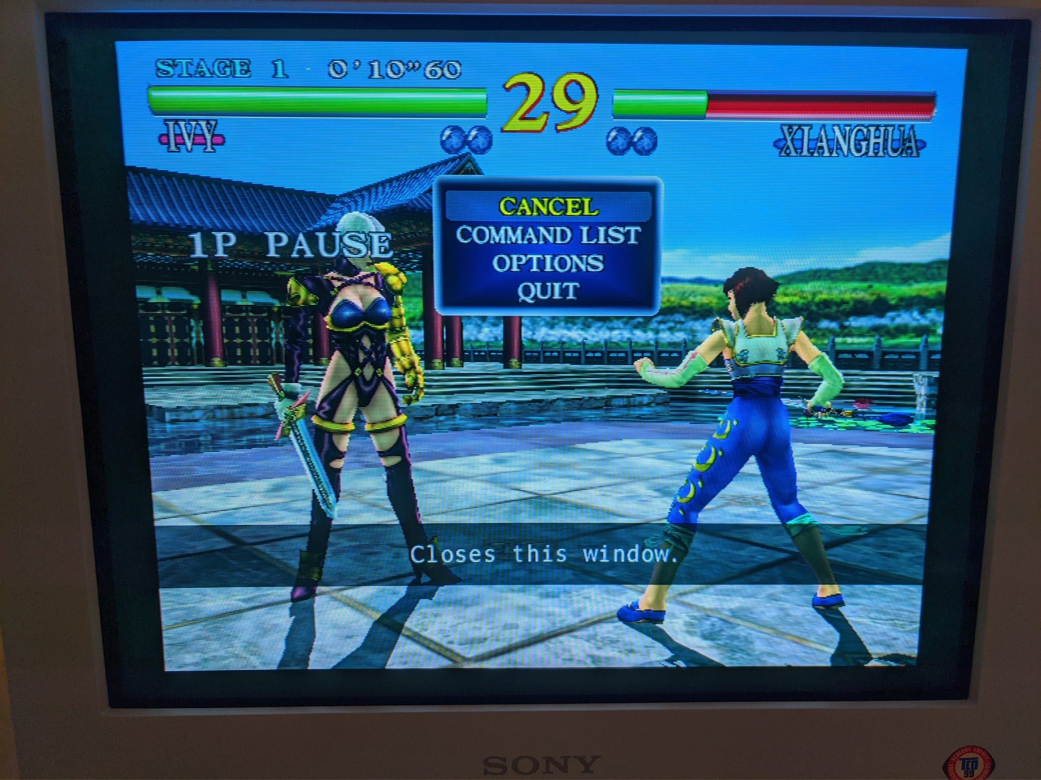 Sony CPD-G420 showing Soul Calibur (Ivy vs Xianghua) through a RetroTINK 5X at 480p, corrected geometry after the G2 calibration.