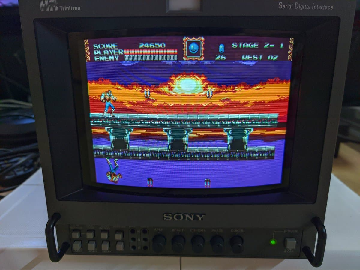 Sony BVM-9045QD displaying Castlevania stage 2-1 in full color after restoration; solder joints on input board reflowed to restore red channel.