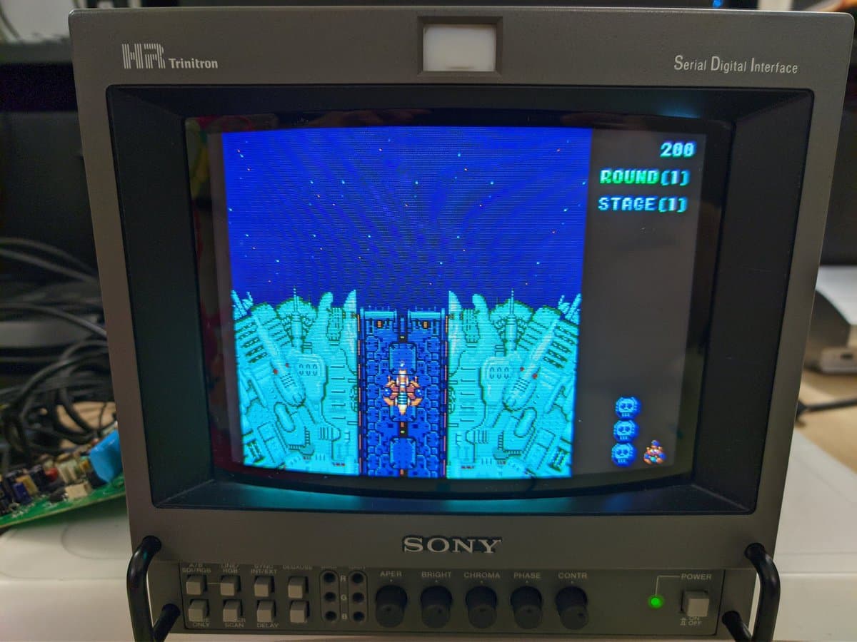 Sony BVM-9045QD displaying Super Metroid gameplay after restoration; vibrant colors restored, HUD showing 200 points, Round 1, Stage 1.