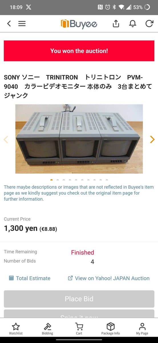 Three Sony PVM-9040 CRT monitors arranged side-by-side, showing their 9" screens and control panels, units appear intact externally.