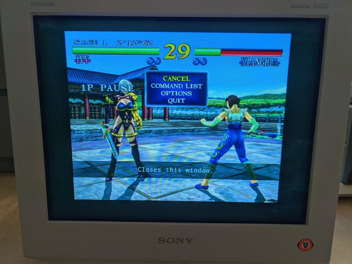 Sony CPD-G420 CRT displaying Soul Calibur arcade game via direct input, showing corrected geometry after G2 voltage calibration repair.