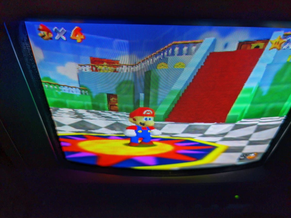 Super Mario 64 displayed on Sony PVM-9040 CRT via S-video, showing vibrant colors and sharp image quality post-repair.