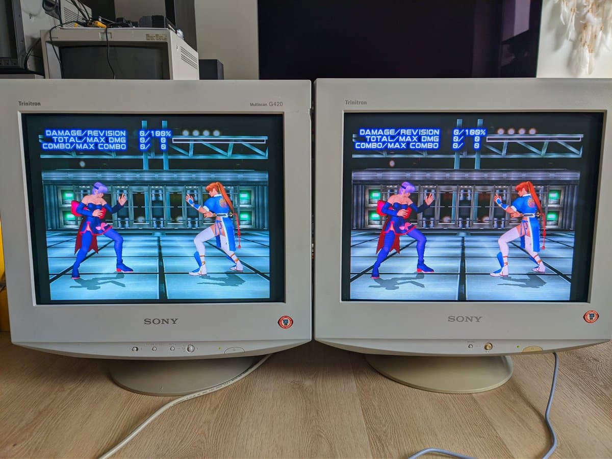 Two Sony Trinitron G420 CRT monitors displaying Dead or Alive 2 gameplay side-by-side for color calibration comparison.