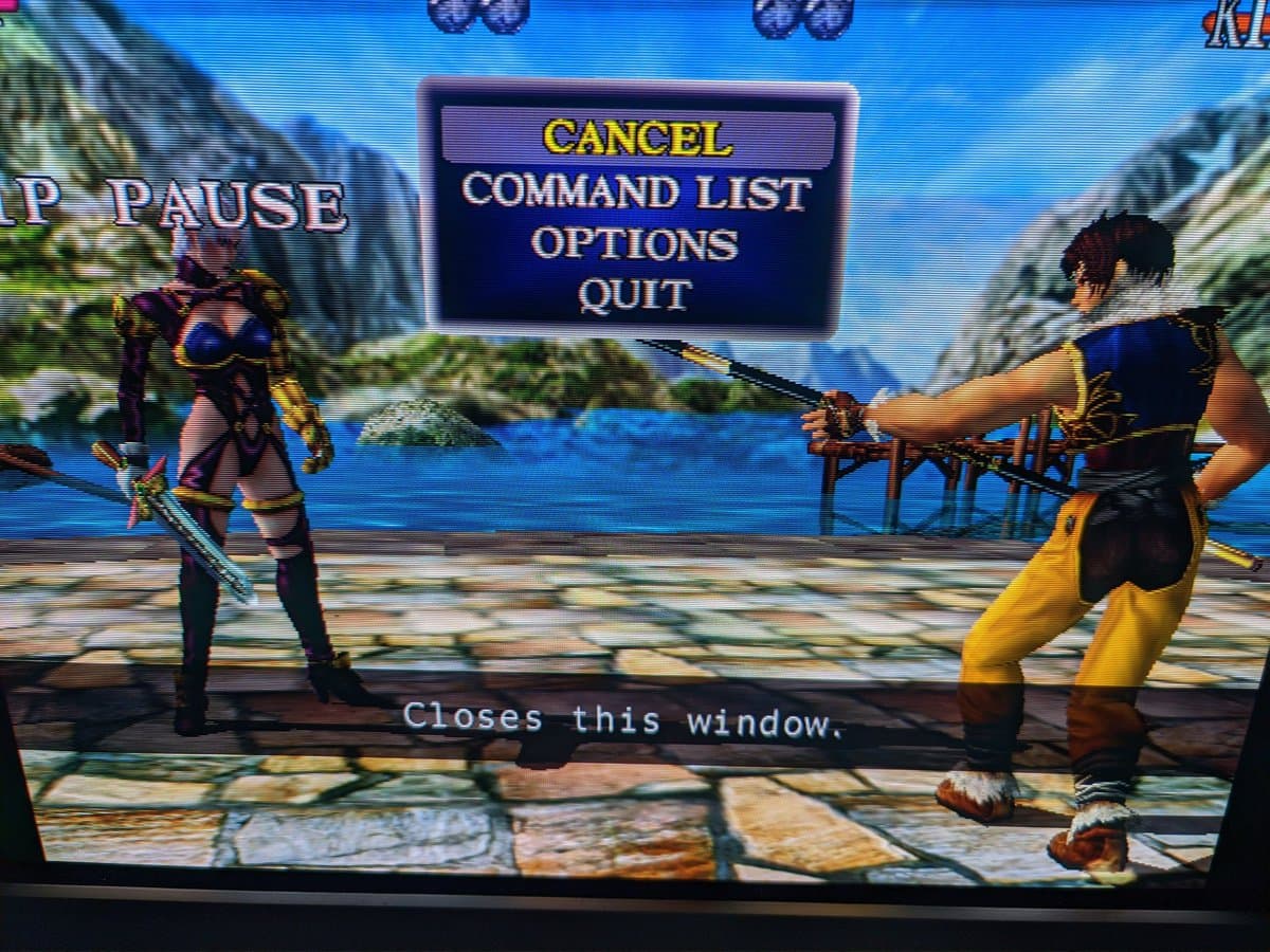 Sony CPD-G420 CRT displaying pause menu during Soul Calibur gameplay, showing geometry correction successful after G2 voltage calibration repair.